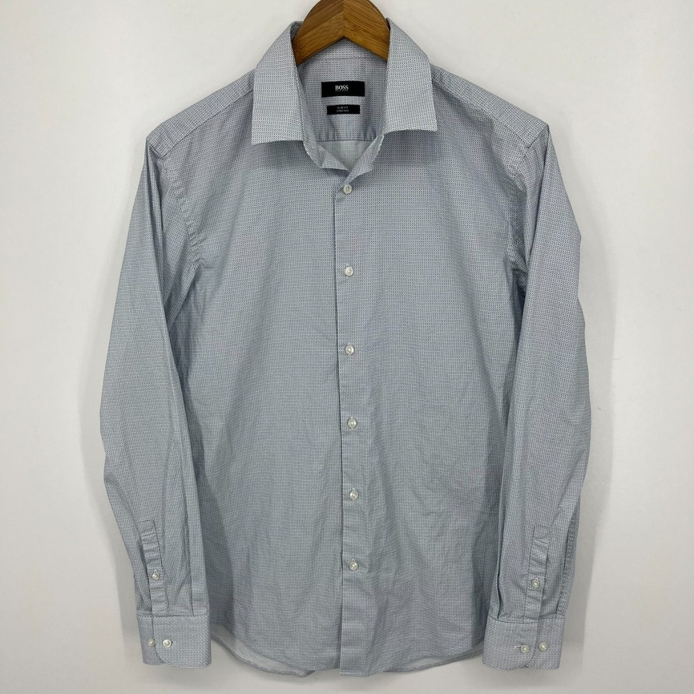 Hugo Boss Long Sleeve Button Shirt Men's M Blue Slim Fit Stretch Geometric Print